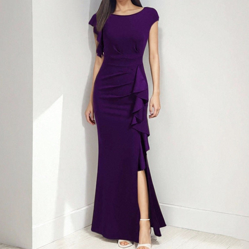 Women's sheath dress with asymmetrical ruffles and high slit, size [size]