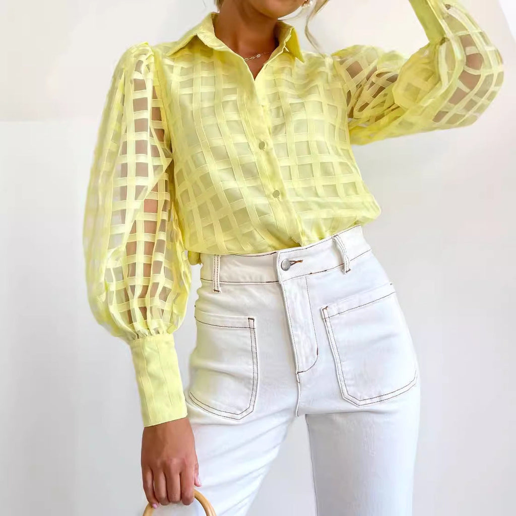 Women's checked shirt with sheer puff sleeves, size