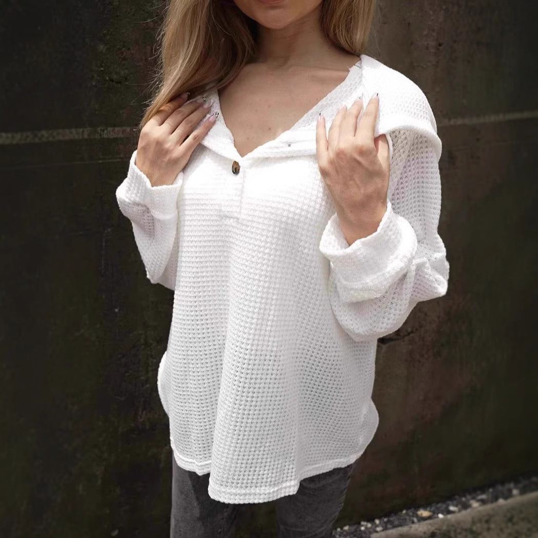Valenzora | Solid Color Button Drawstring Loose Long Sleeve Hoodie