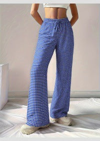 Women's wide-leg checked trousers with elasticated waistband and chic cut, size [size]