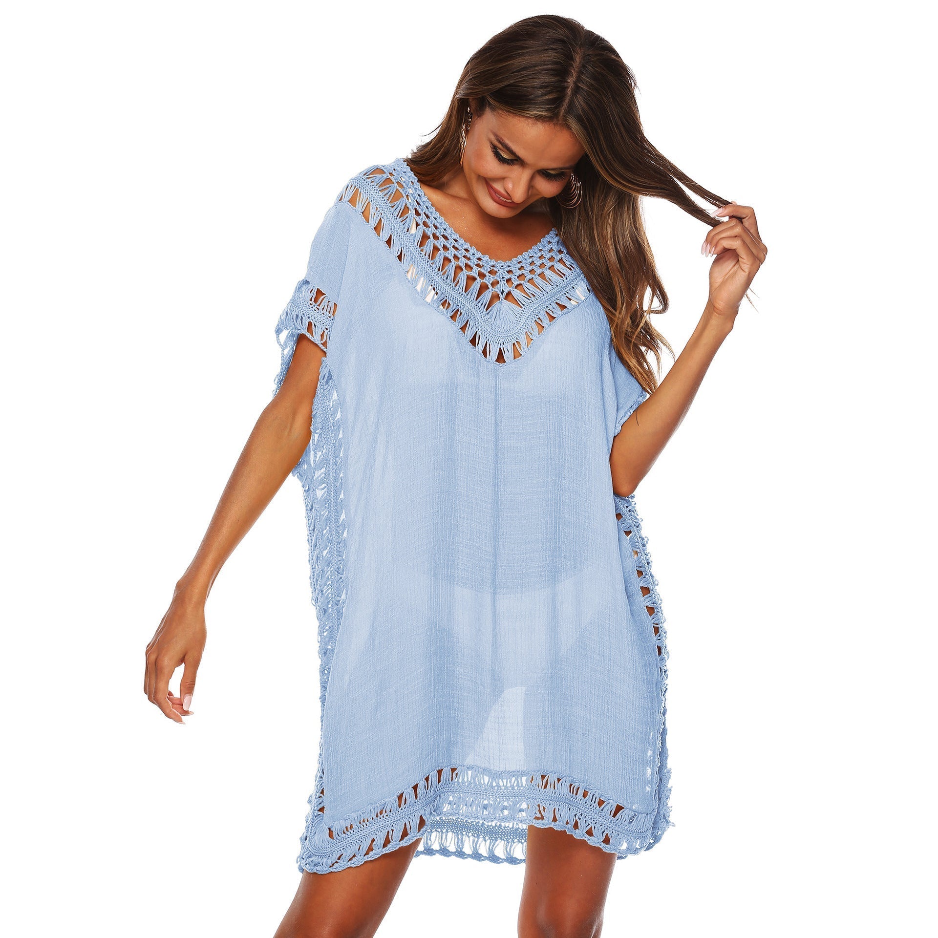 Women's beach tunic with artistic crochet embellishments, size Valenzora