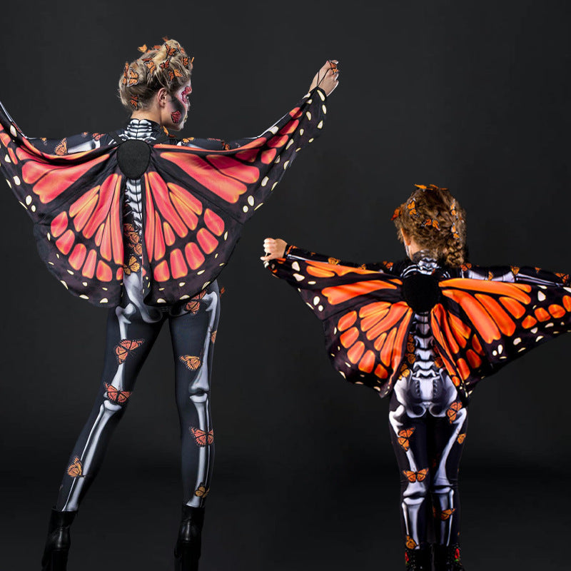 Women's bodysuit with skeleton pattern and butterfly wings, size