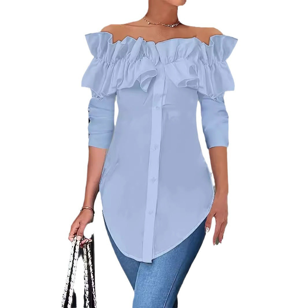 Women's blouse with off-the-shoulder design and voluminous ruffle details, size [size missing]