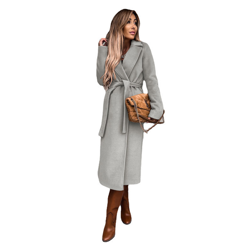 Women's elegant long coat with belt and high collar, size