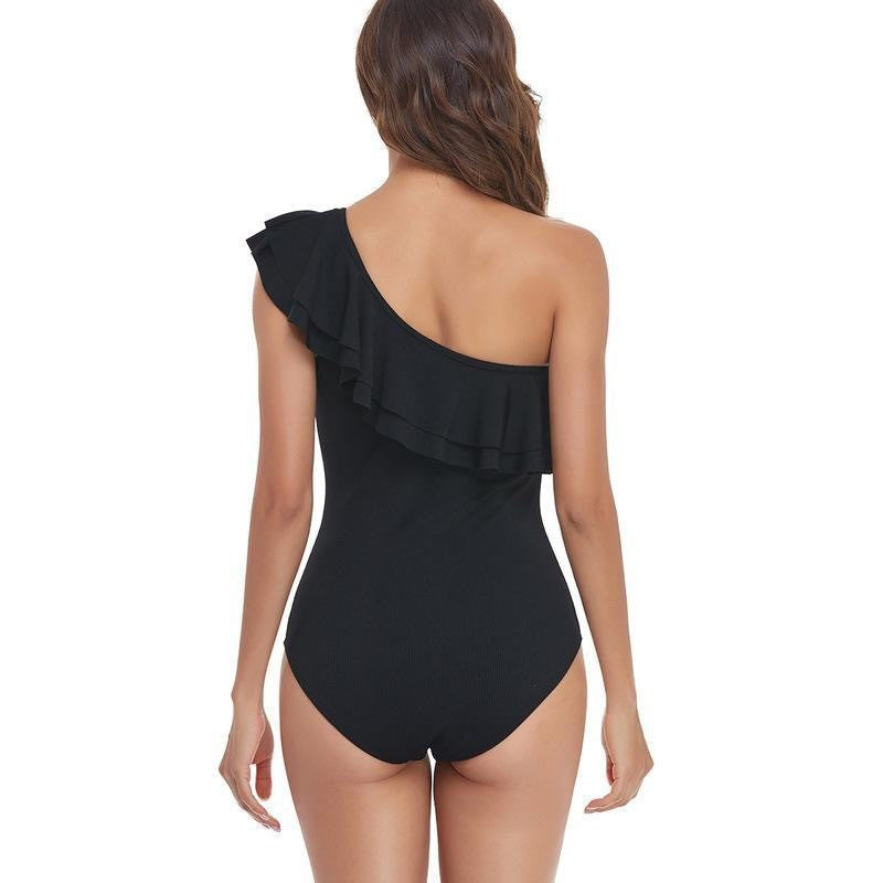 Damen-Badeanzug mit asymmetrischem Schnitt und voluminösem Rüschendetail, Größe [size]