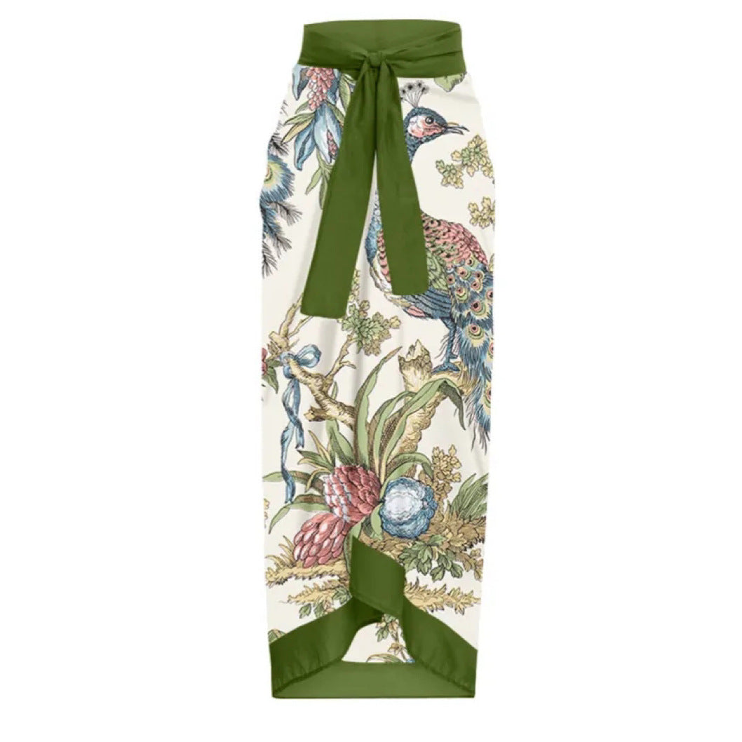 Women's wrap skirt with floral motifs and elegant bow appliqué, size Valenzora