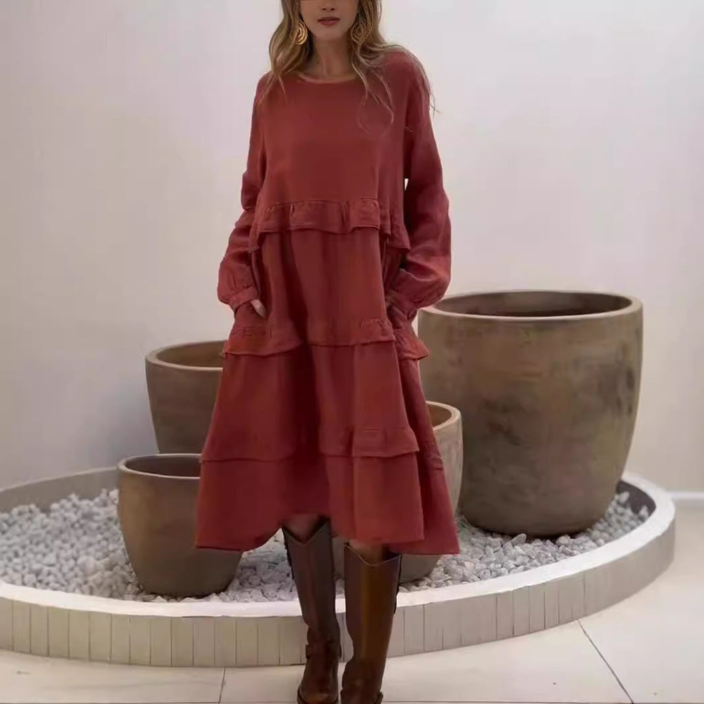 Valenzora | Langärmliges Kleid mit Rüschen und Rundhalsausschnitt