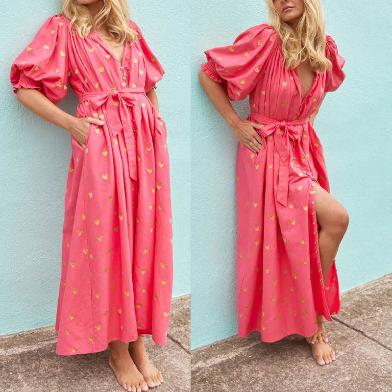 Women's summer dress with puff sleeves and gold details, size