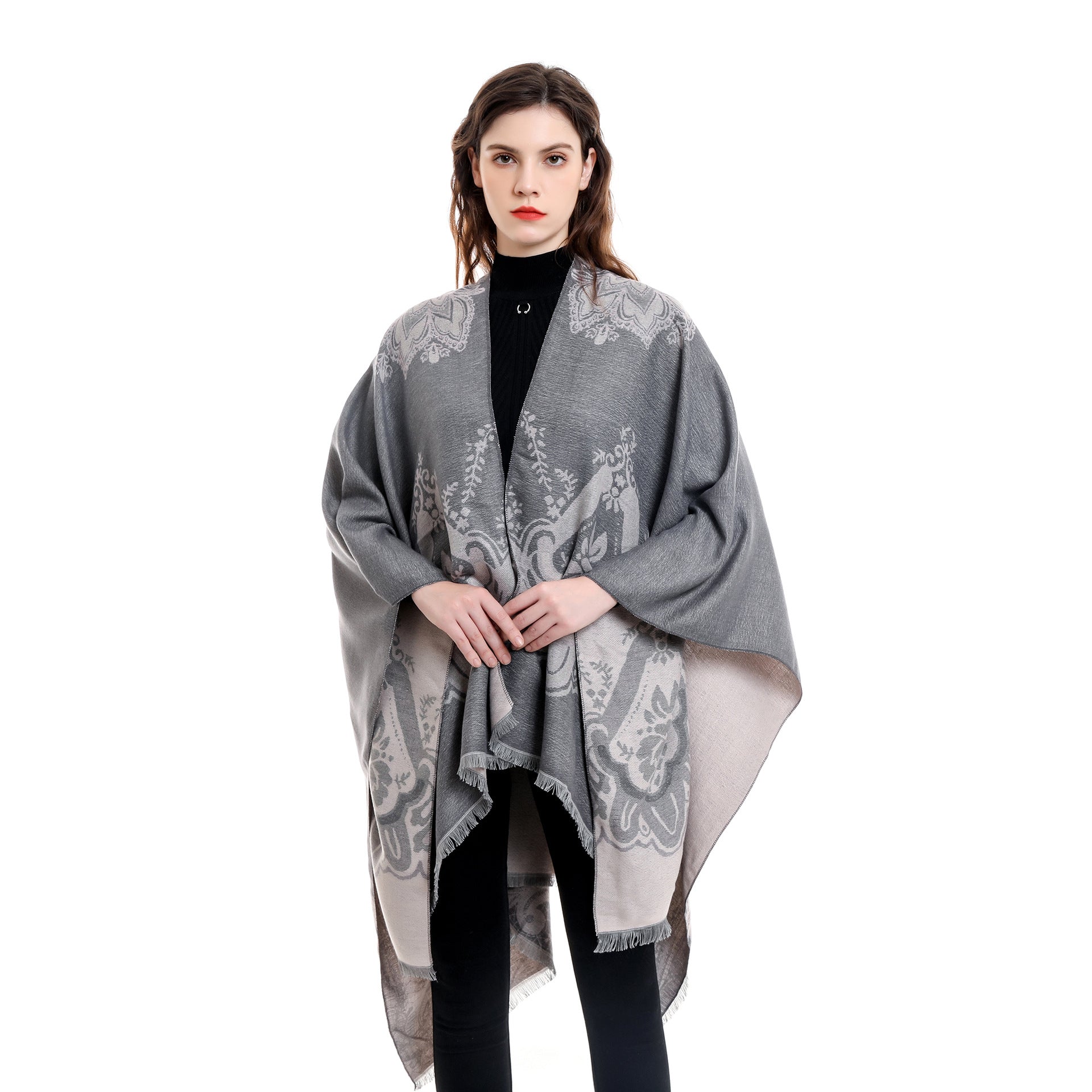 Women's Elegant Kimono Poncho with Artful Pattern and Fringed Edges Valenzora
