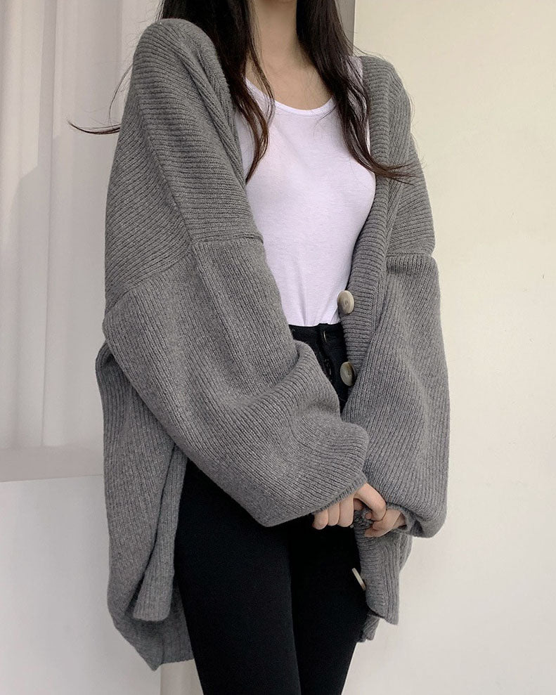 Valenzora V-neck single-breasted loose lantern sleeve knit cardigan