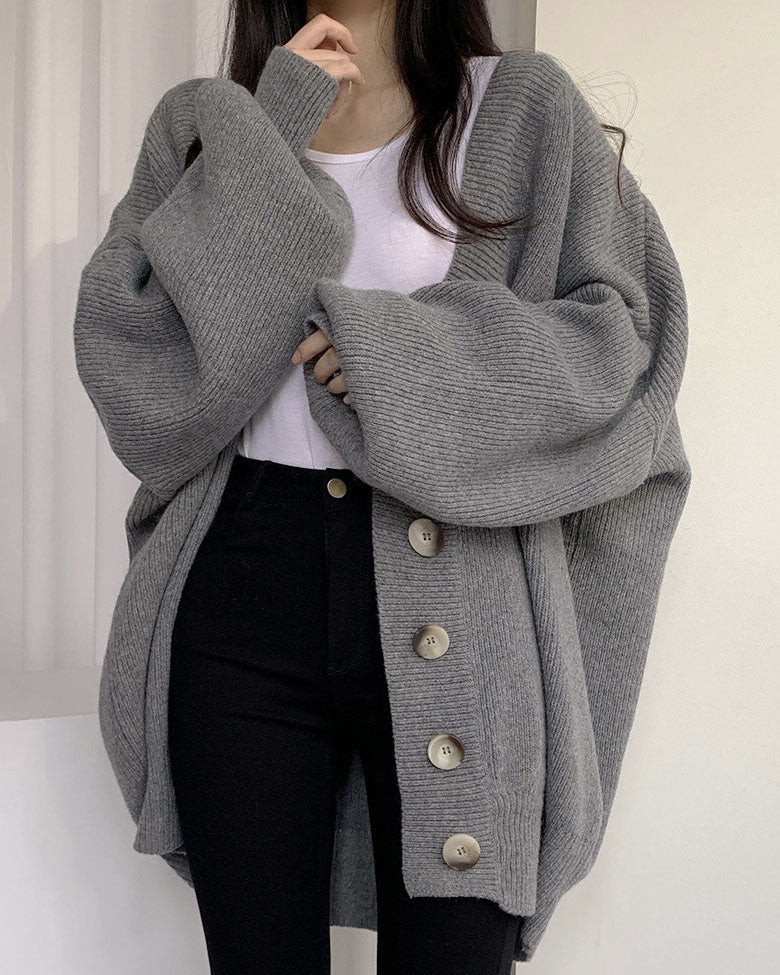 Valenzora V-neck single-breasted loose lantern sleeve knit cardigan