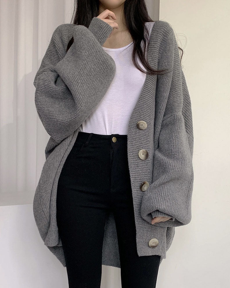 Valenzora V-neck single-breasted loose lantern sleeve knit cardigan