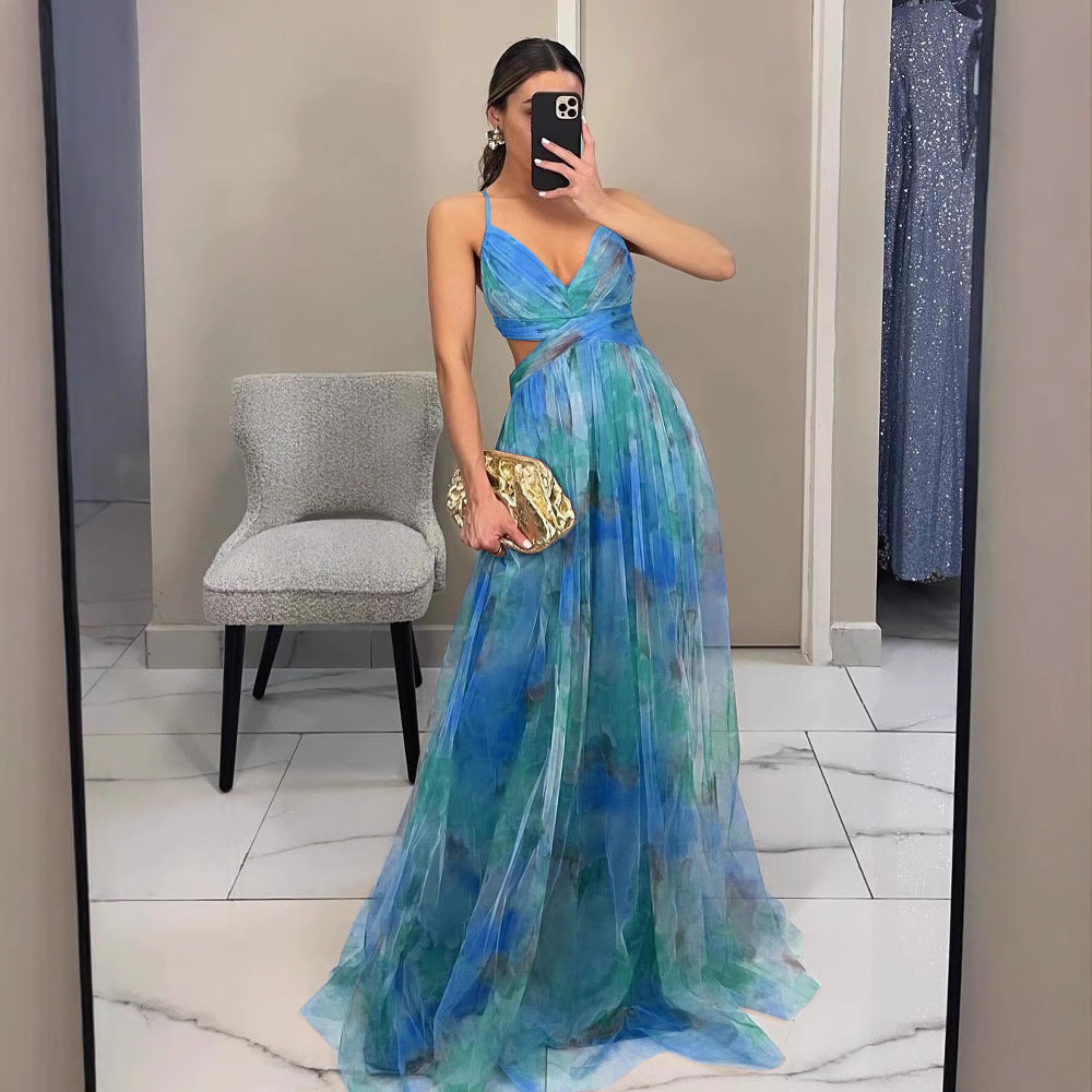 Valenzora | Gorgeous long dress made of printed tulle with a floral boat neckline, slit side, sleeveless, elegant, vintage, evening dress for women
