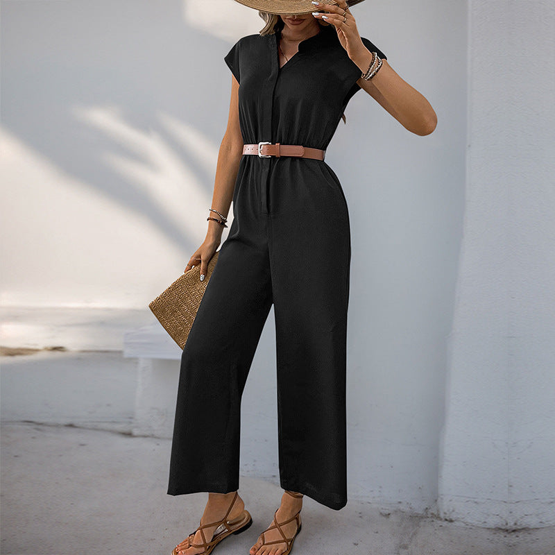 Women's jumpsuit with elegant waist belt and modern V-neck, size