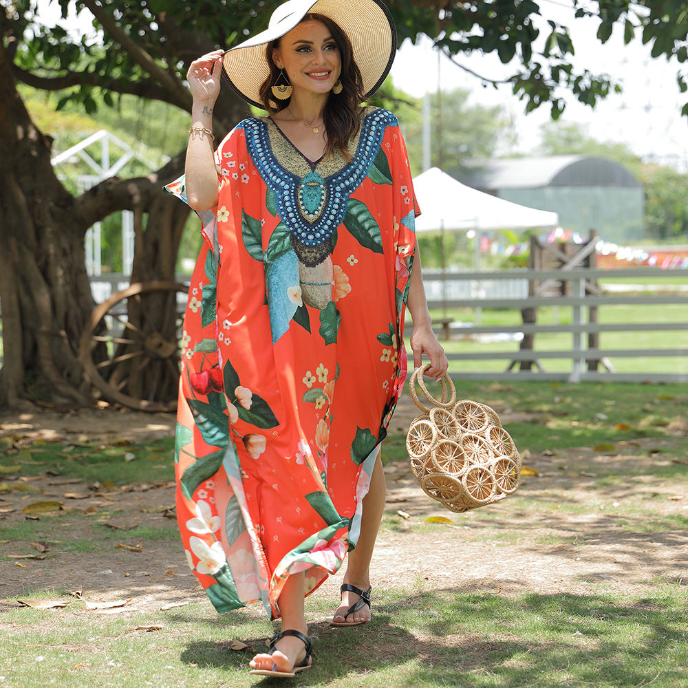 Women's beach kaftan with artistic floral pattern and decorative pearl embellishment, size Valenzora