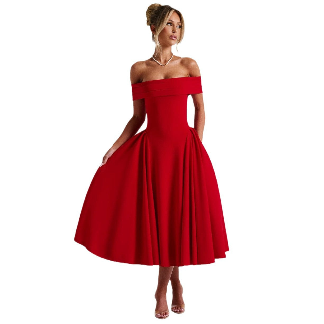 Women's elegant evening dress with off-the-shoulder design and voluminous skirt, size S