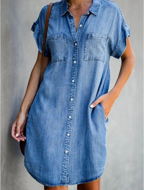 Damen Jeanshemdkleid mit zwei aufgesetzten Taschen und Knopfleiste Drune