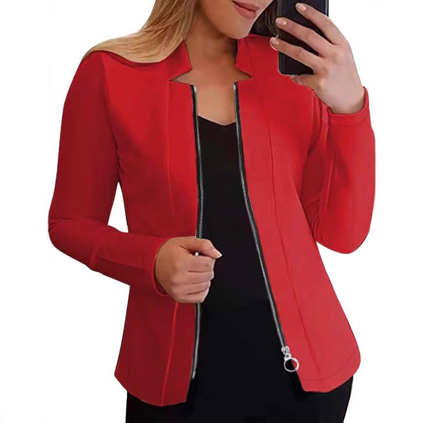 Women's fashionable and elegant biker jacket with a figure-hugging cut and high collar, size [size missing]