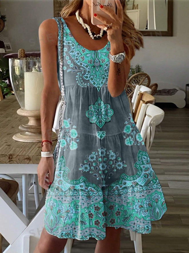 Damen Sommer Tunikakleid mit Blumenmuster und fließendem Rock, Größe S