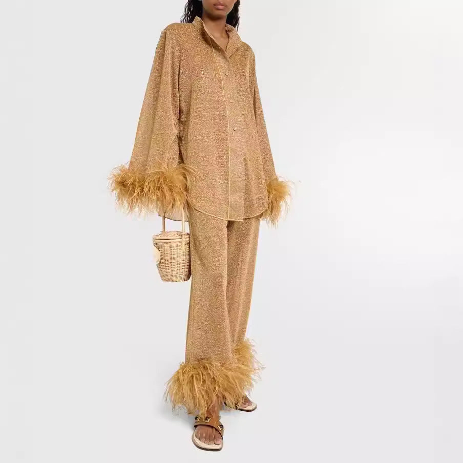 Valenzora | Autumn Winter Feather Stand-up Collar Long Sleeve Top and Trousers Set