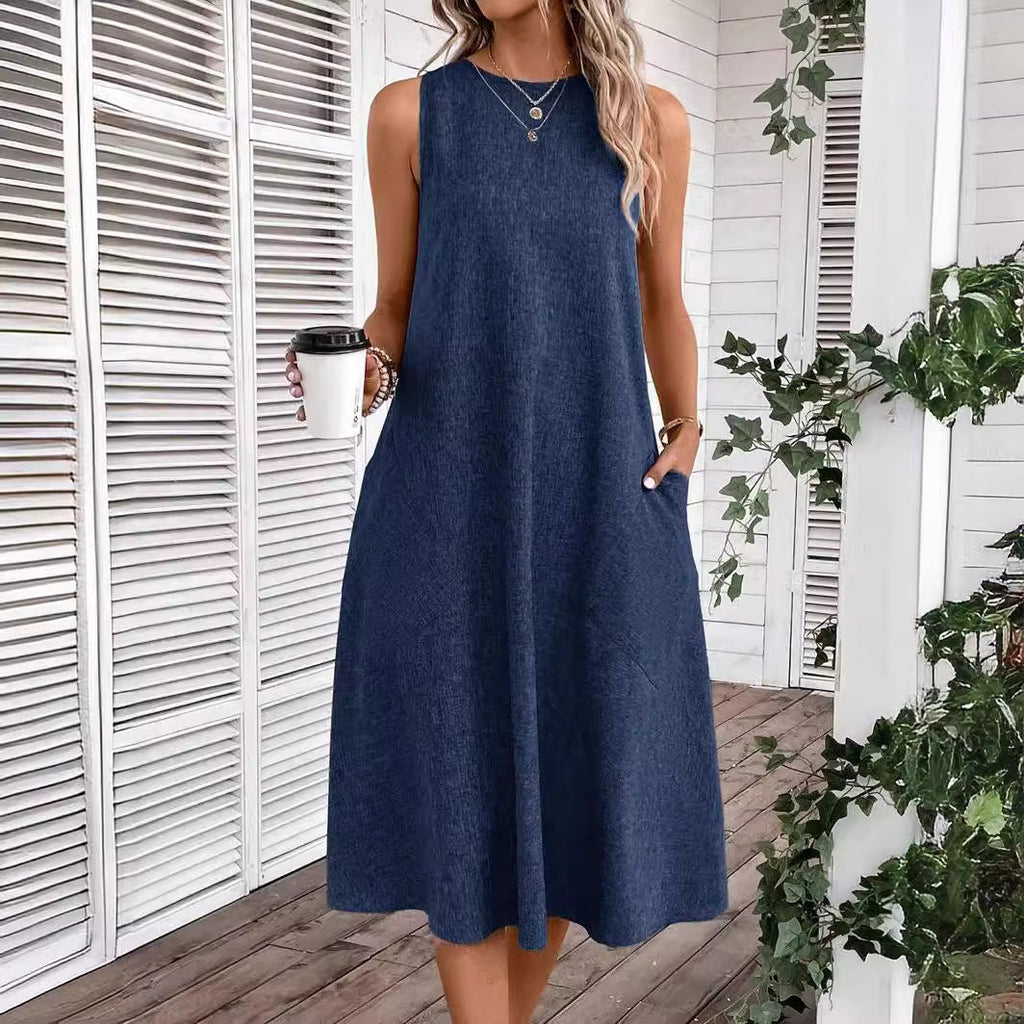 Damen Midi-Freizeitkleid mit tiefem Ausschnitt und praktischen Taschen, Größe S