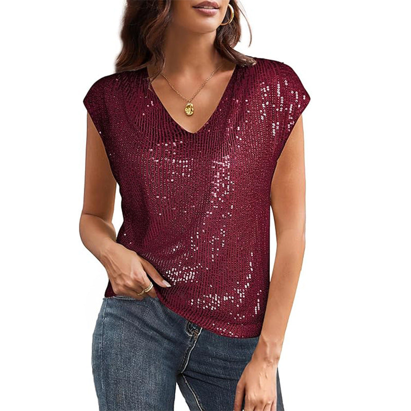 Women's glittery top with a V-neck and loose fit, size [size missing]