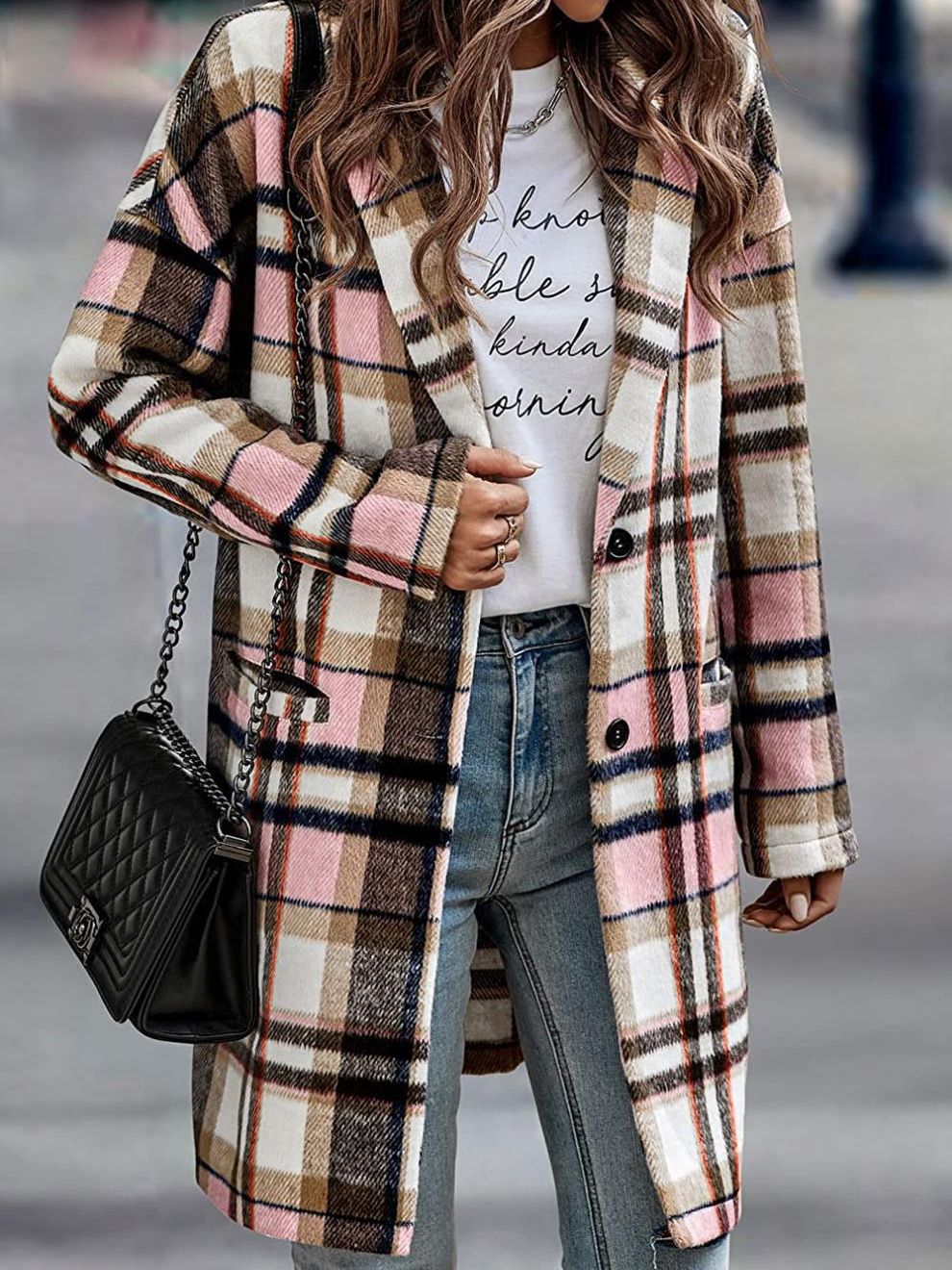 Women's Checked Long Jacket with Hood and Pockets, Size