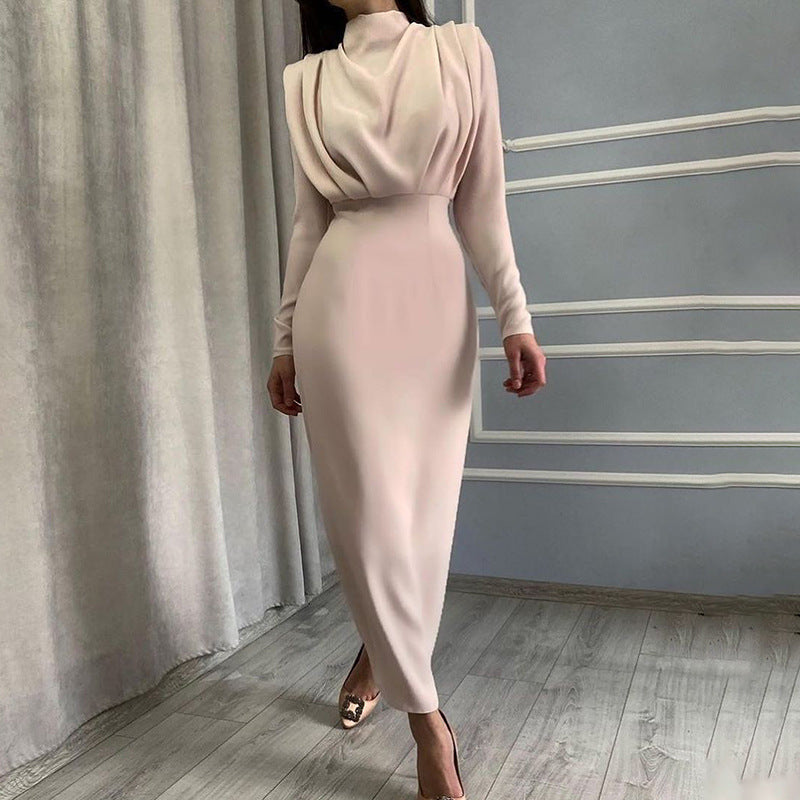 Women's elegant midi dress with high neckline design and draping, size S