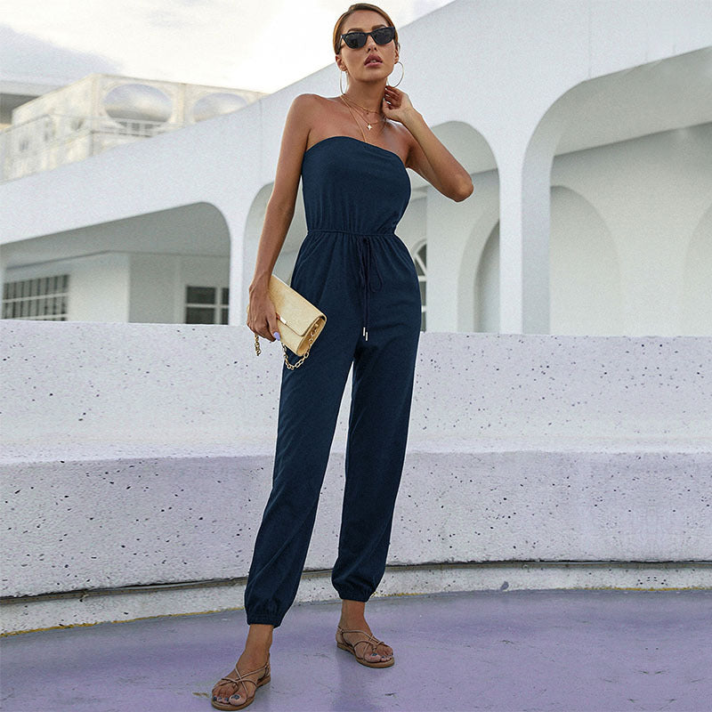 Damen-Jumpsuit mit trägerlosem Design und elastischem Taillengürtel, Größe