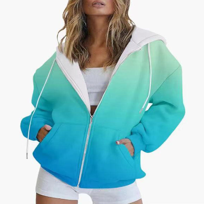 Women's hooded jacket with gradient color scheme and deep pockets, size