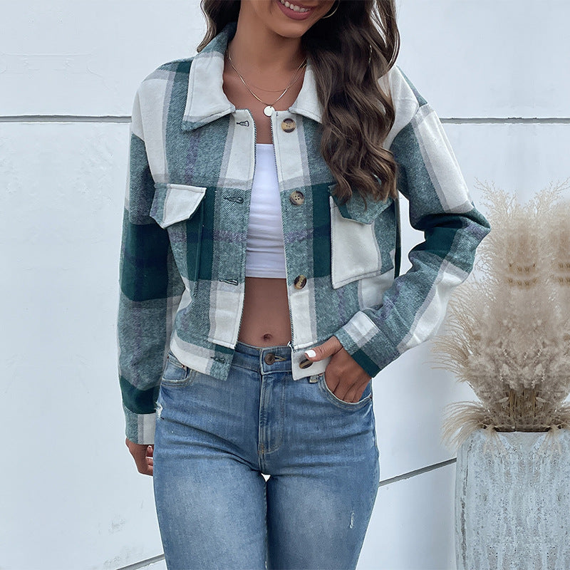Damen Blousonjacke kariert mit Zierknöpfen und Brusttaschen, Größe