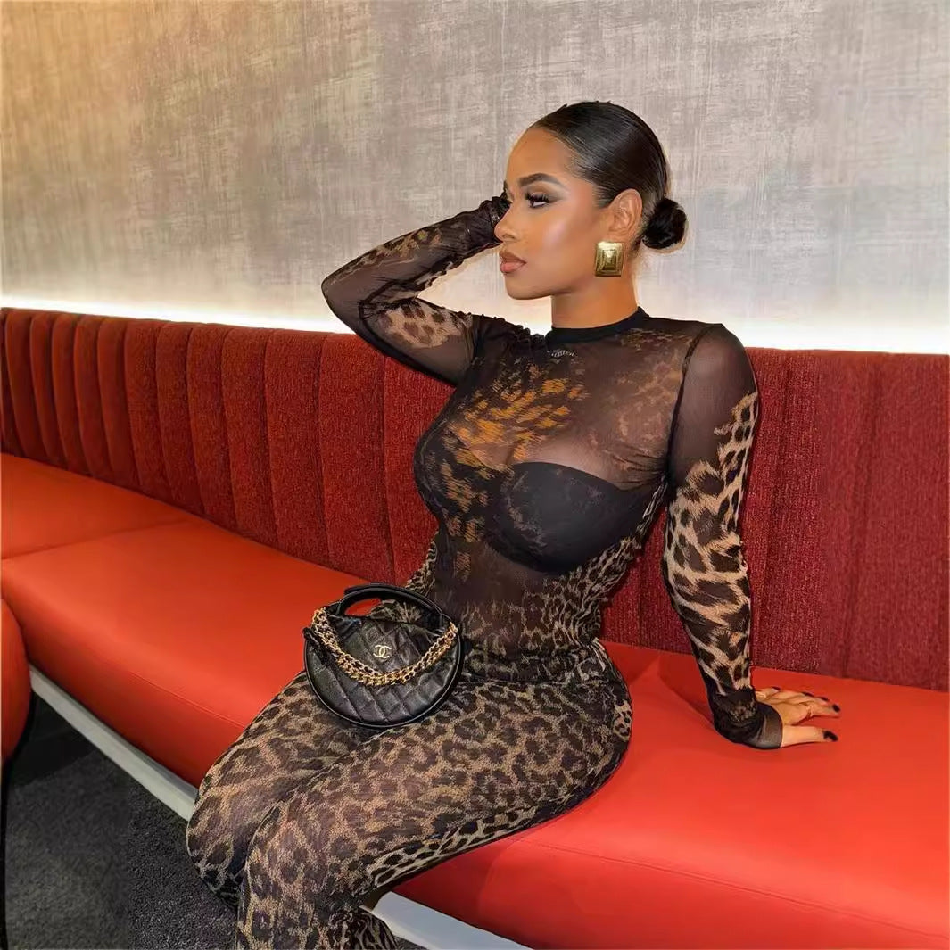 Valenzora | Leopard print long-sleeved top and pants set