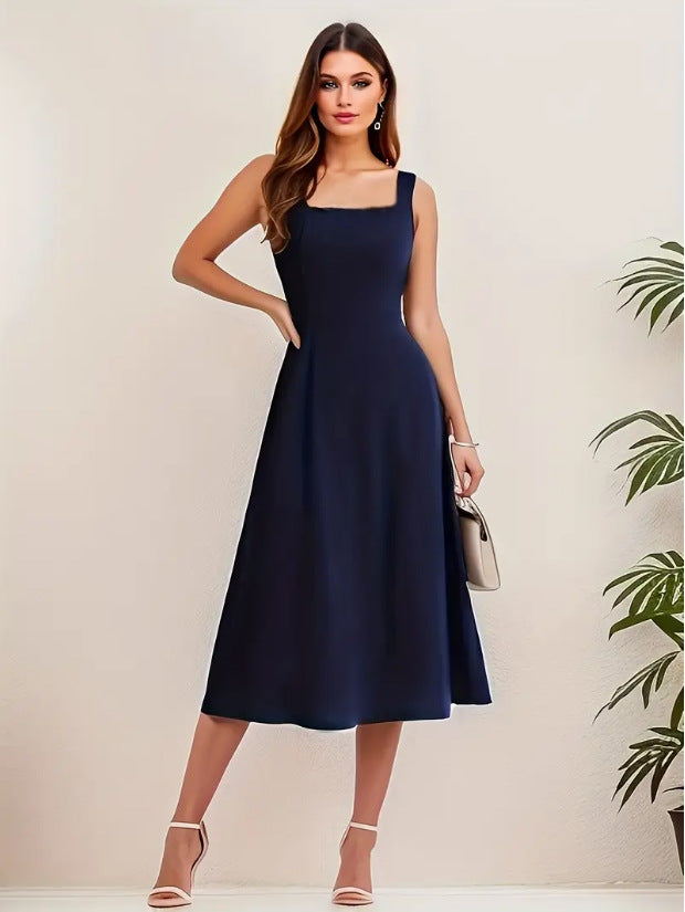 Valenzora | Elegant dress with straps, dark blue color