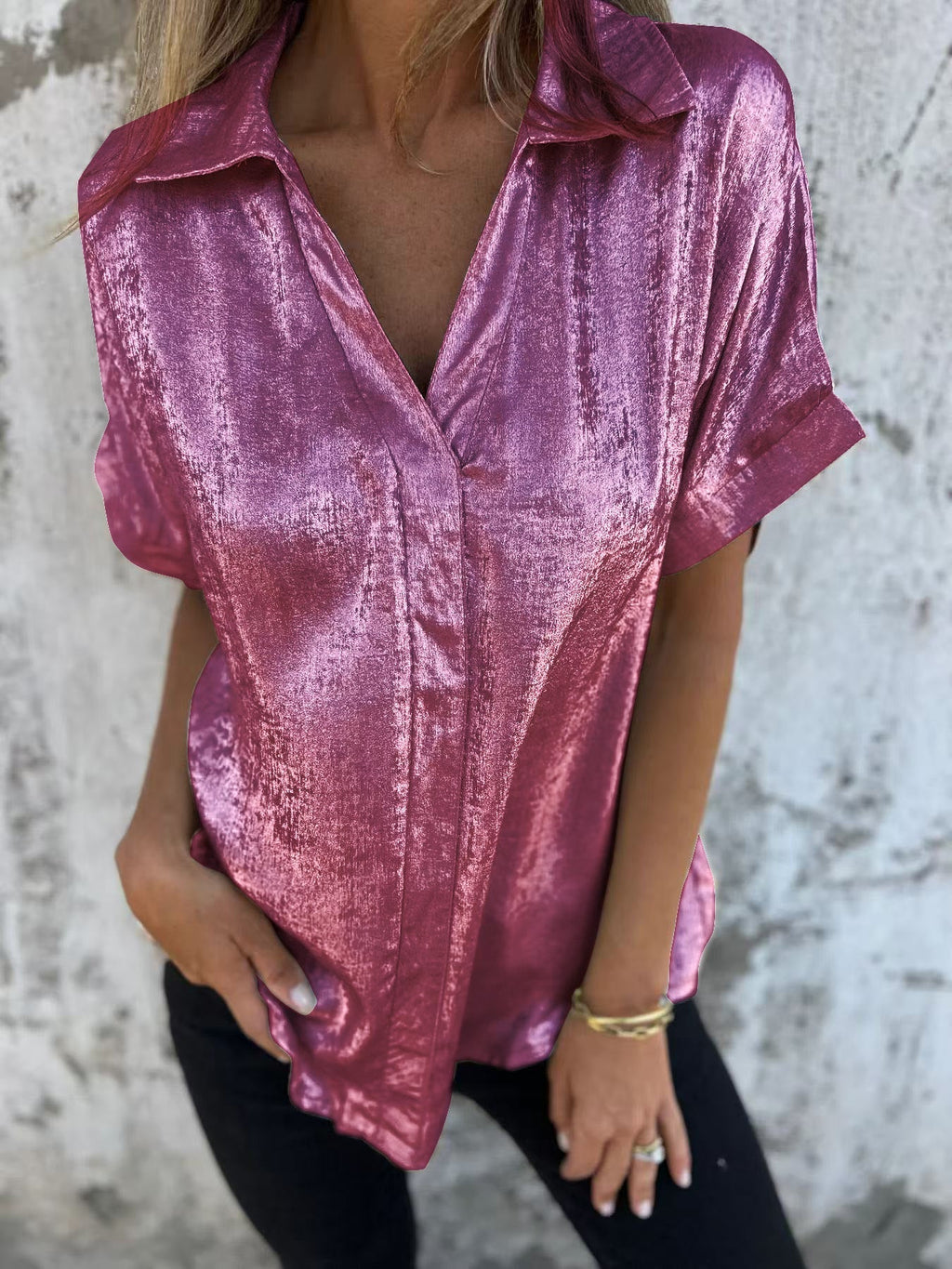 Damen Seidenbluse Kurzarm mit edlem Schimmer und modischem Revers, Größe S
