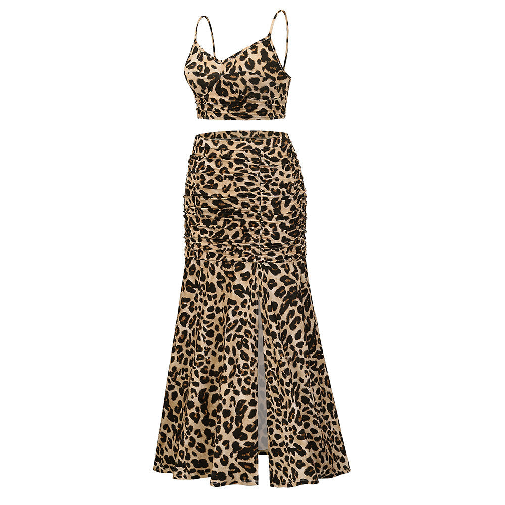 Valenzora | Spaghetti Strap Sleeveless Crop Top High Slit Long Skirt Set