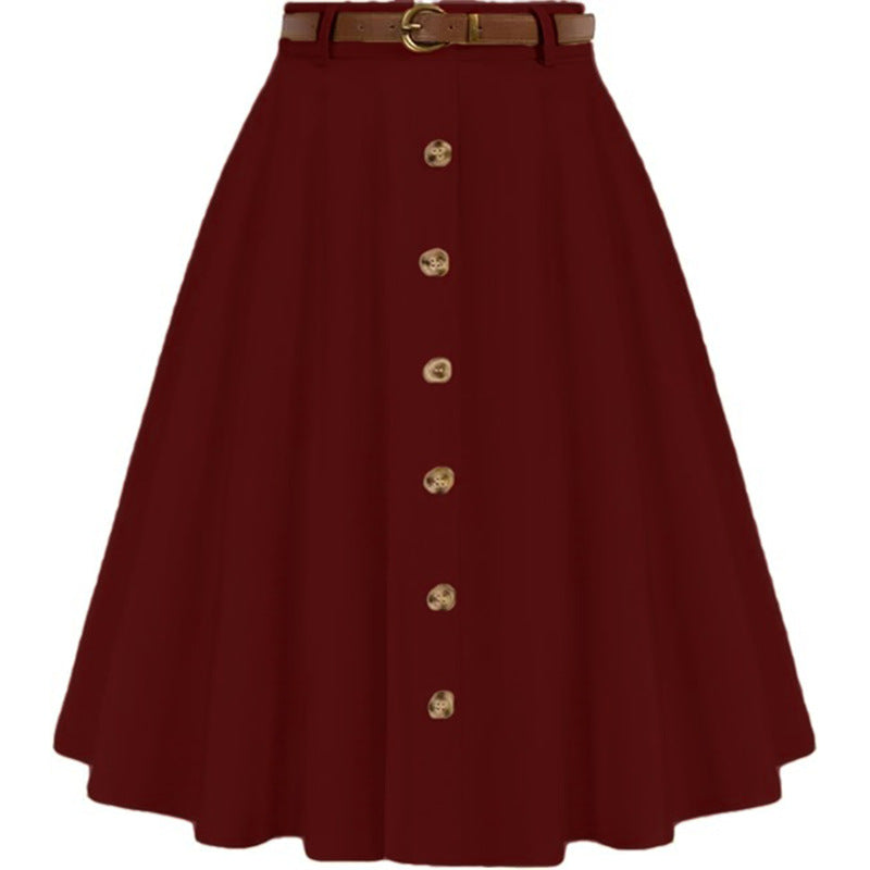 Women's A-line skirt with button placket and belt, size