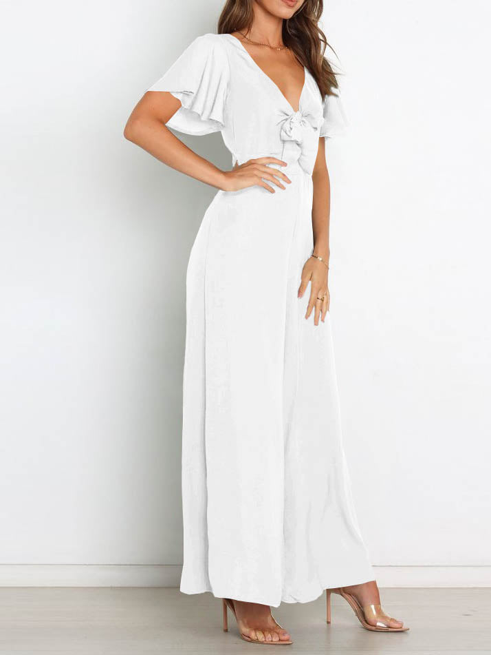 Valenzora | Short-sleeved wide-leg casual V-neck jumpsuit