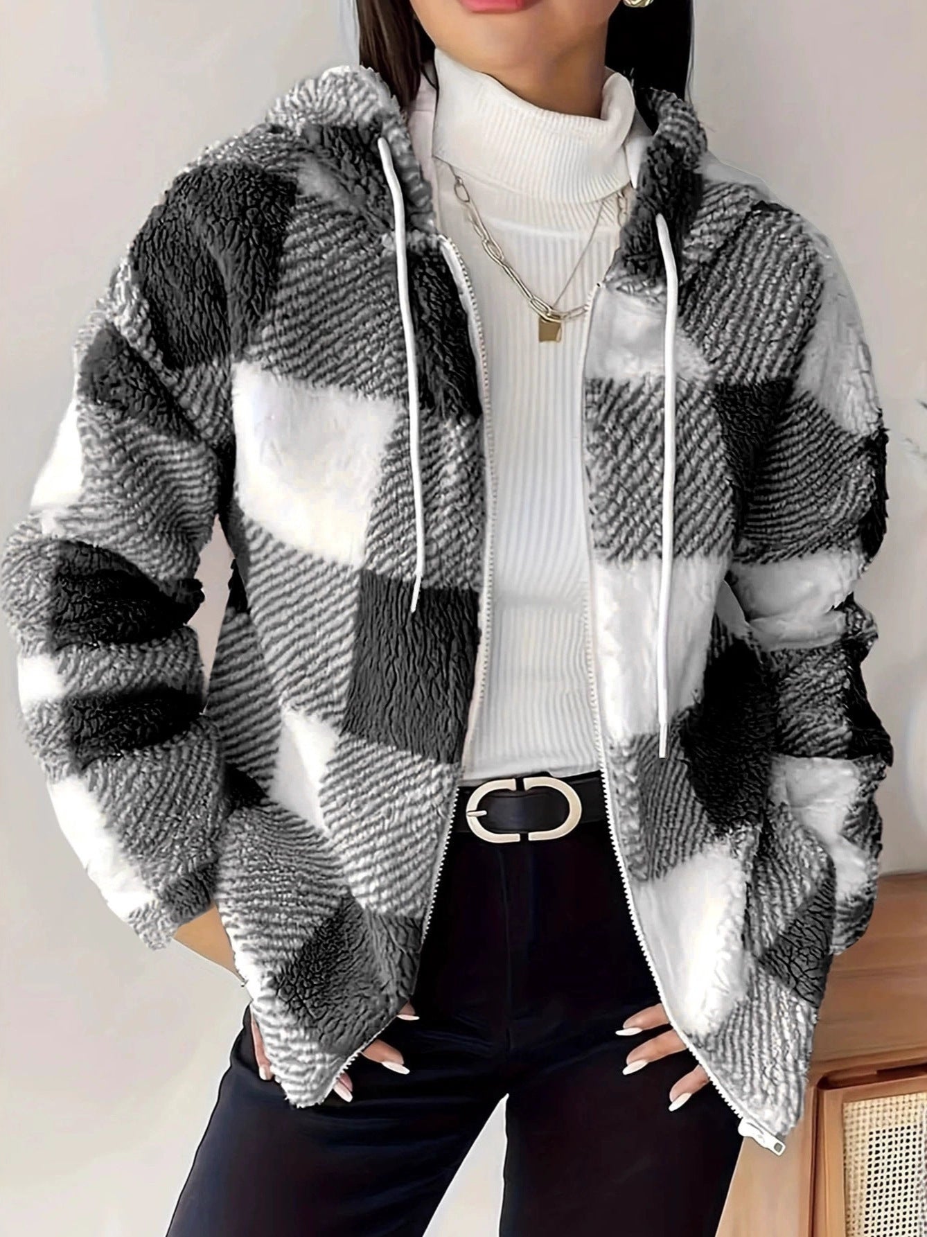 Valenzora | Checkered Teddy Hoodie Jacket | Warm and comfortable for winter