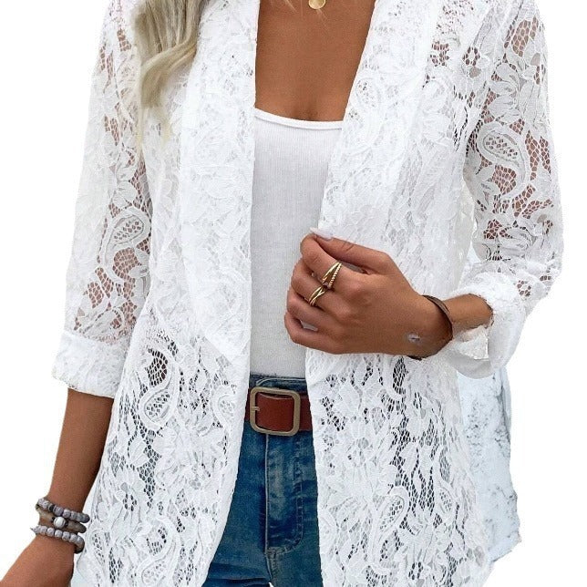 Women's lightweight lace jacket with a relaxed fit and open front, size [size]