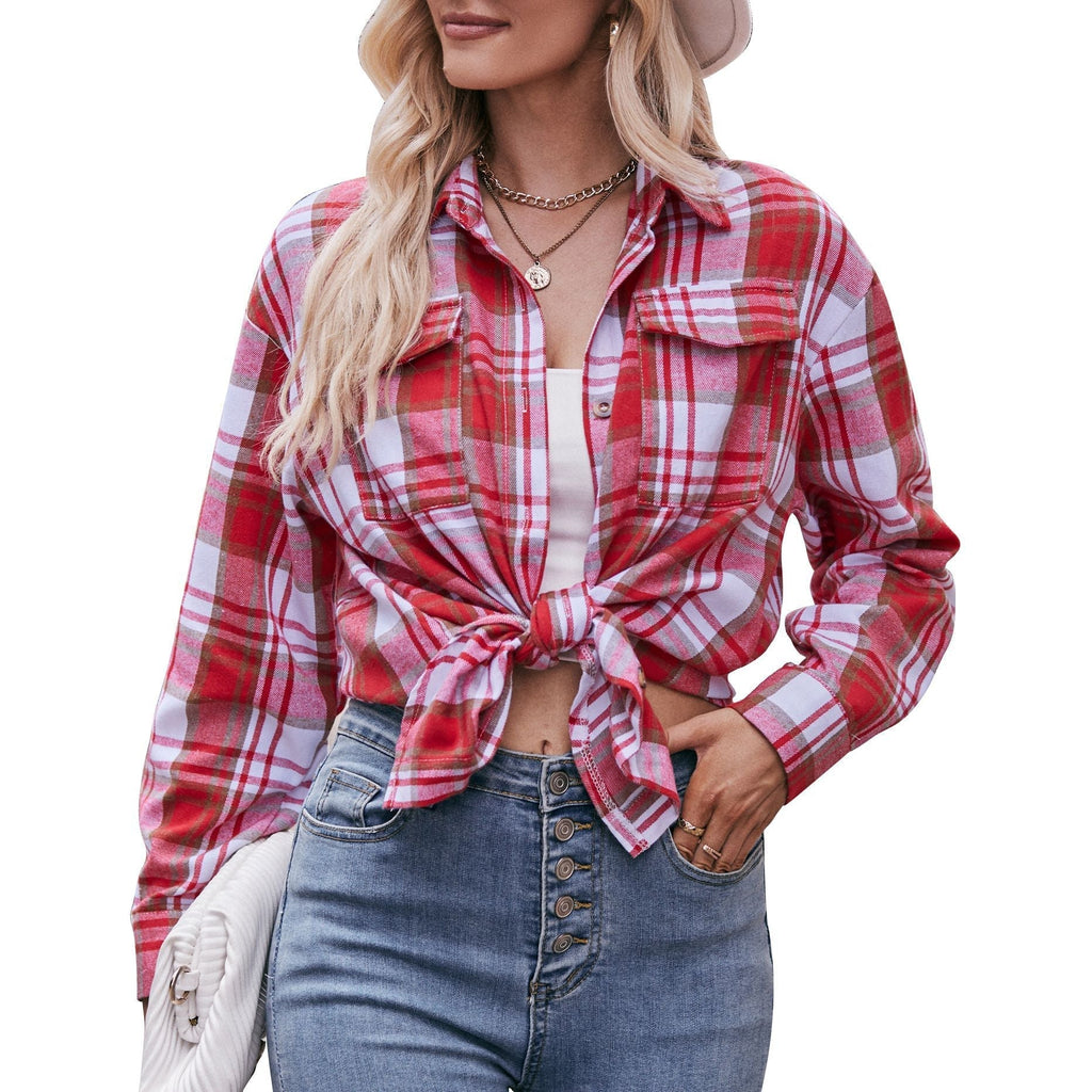 Women's checked shirt with button-up front design and casual knot detail, size Valenzora