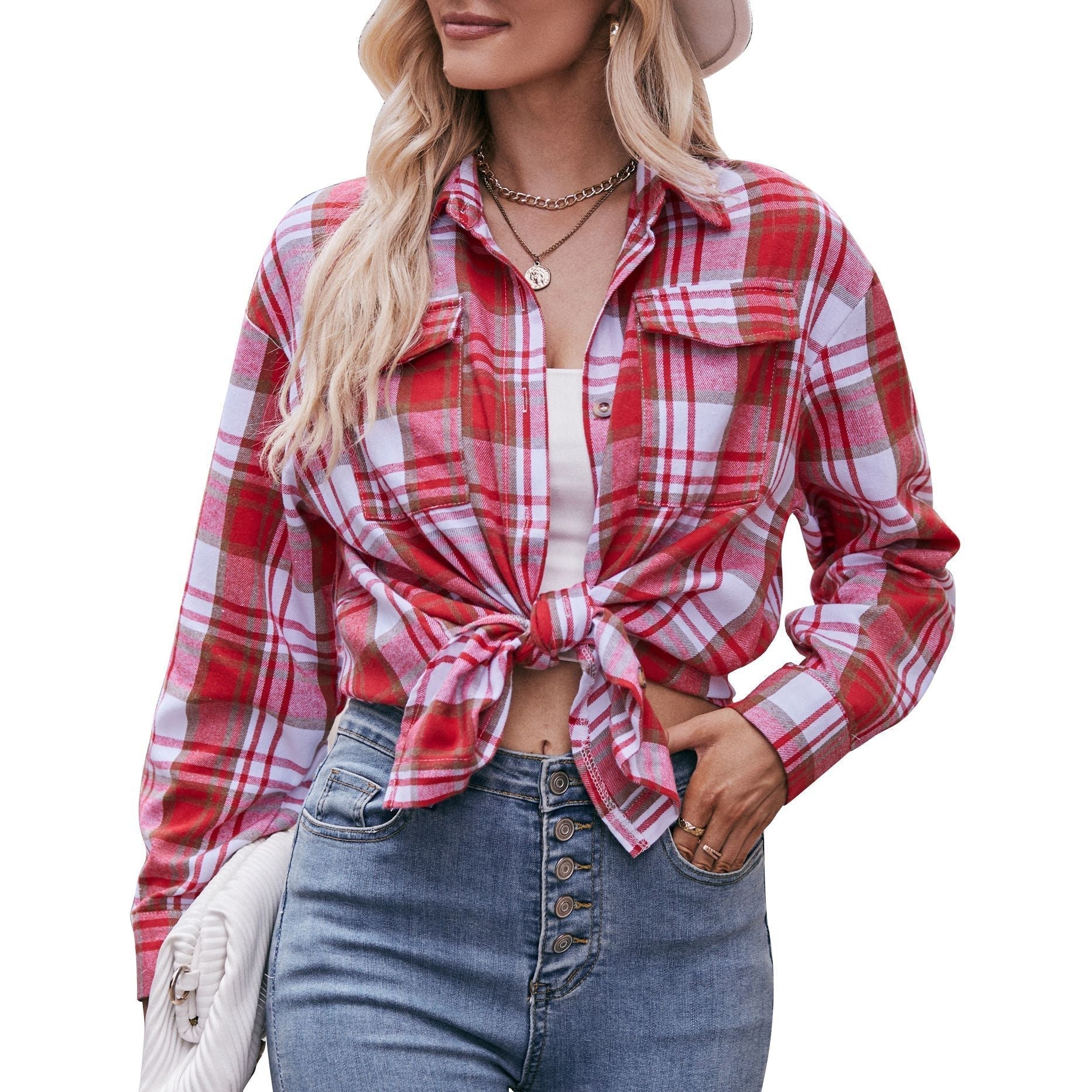 Women's checked shirt with button-up front design and casual knot detail, size Valenzora