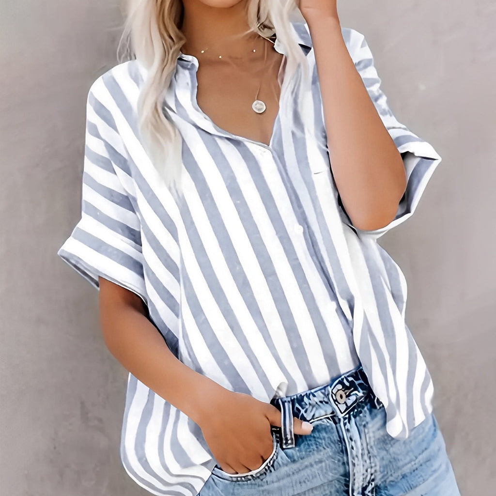 Damen Oversized Streifenhemd mit klassischem Kragen und kurzen Ärmeln, Größe