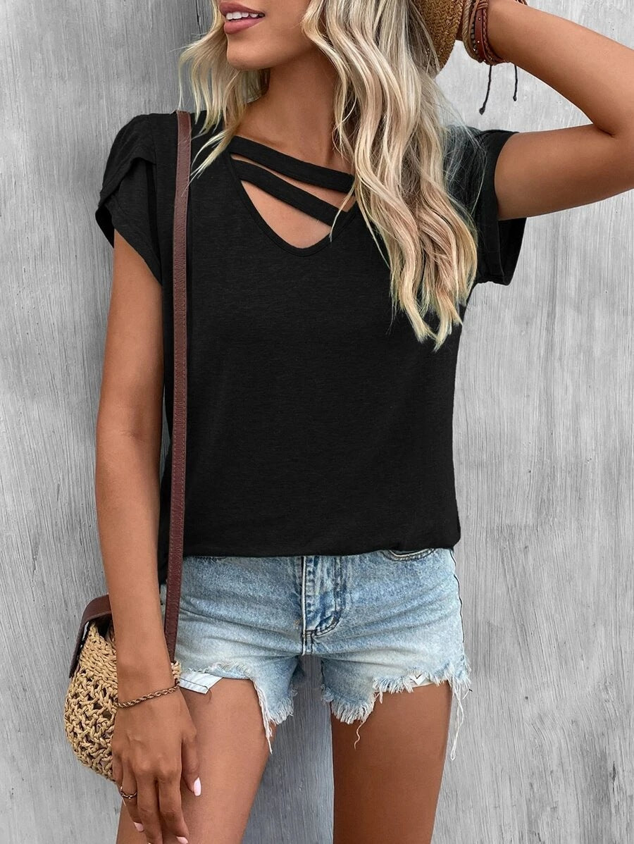 Damen-Freizeit-T-Shirt mit kurzen Ärmeln, einzigartigem Kreuzhals, Größe