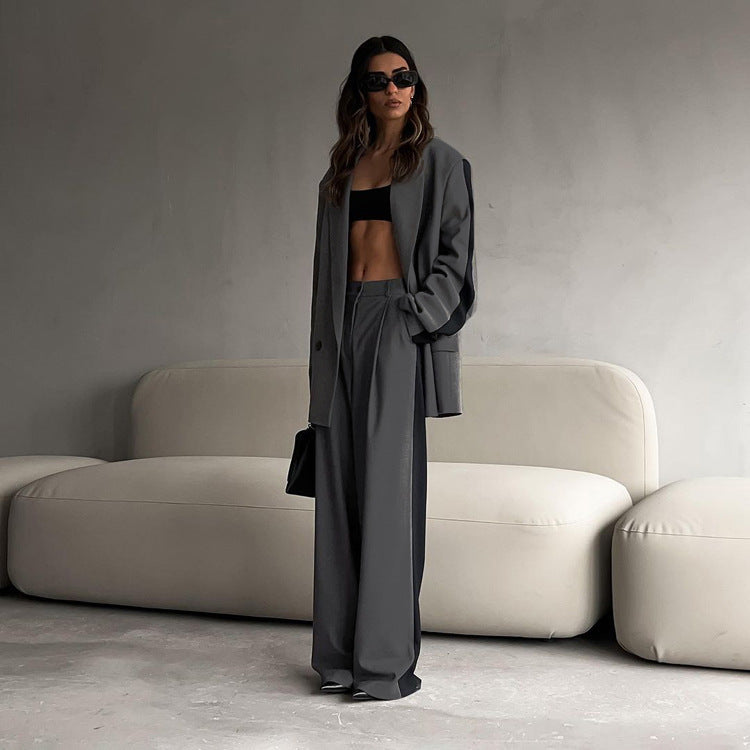Valenzora | Office Casual Women's Contrast Color Coat & Wide Leg Trousers Sat