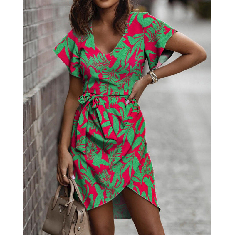 Women's wrap dress with floral design and chic waist belt, size