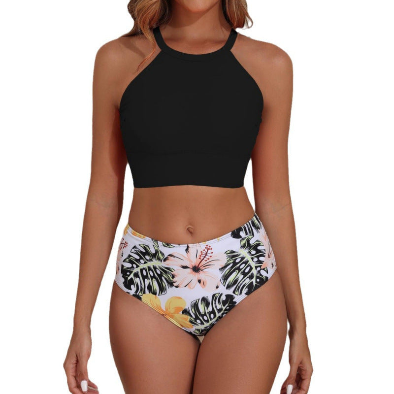 Swimsuit top with high collar and floral high-waisted bottoms, size