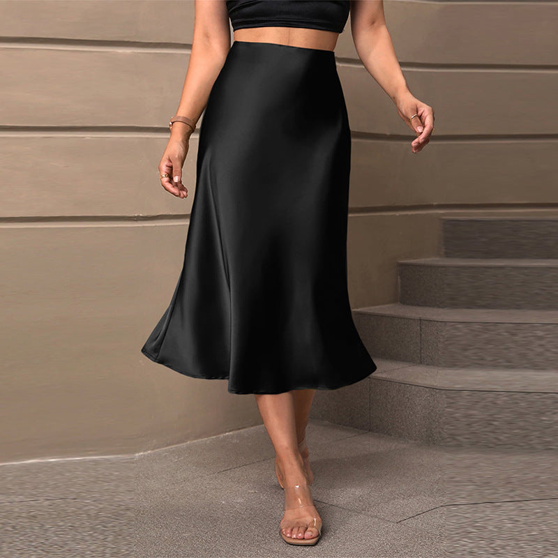 Women's satin midi skirt with a flowing cut and elastic waistband, size [size]