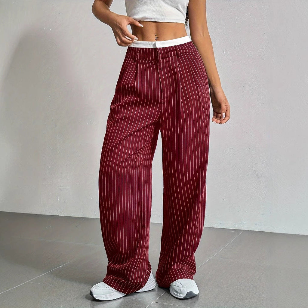 Elegante Damen-Hose mit weitem Bein und Nadelstreifen, hoher Bund, Größe