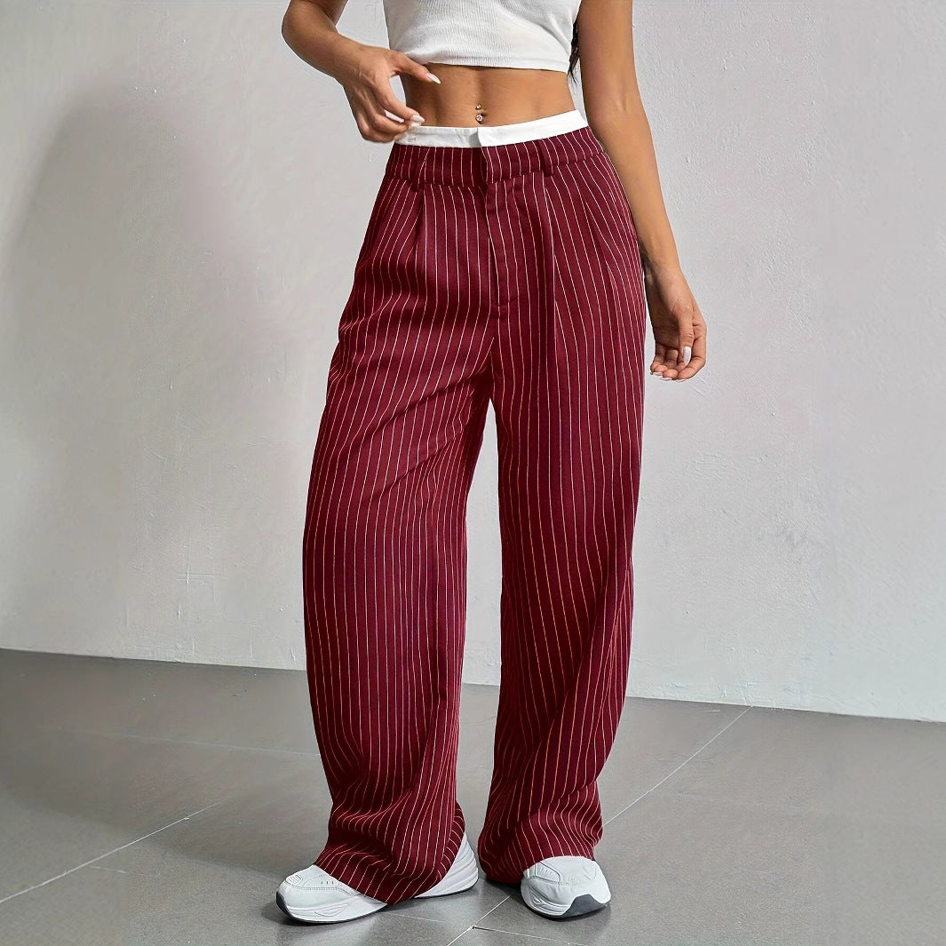 Elegante Damen-Hose mit weitem Bein und Nadelstreifen, hoher Bund, Größe