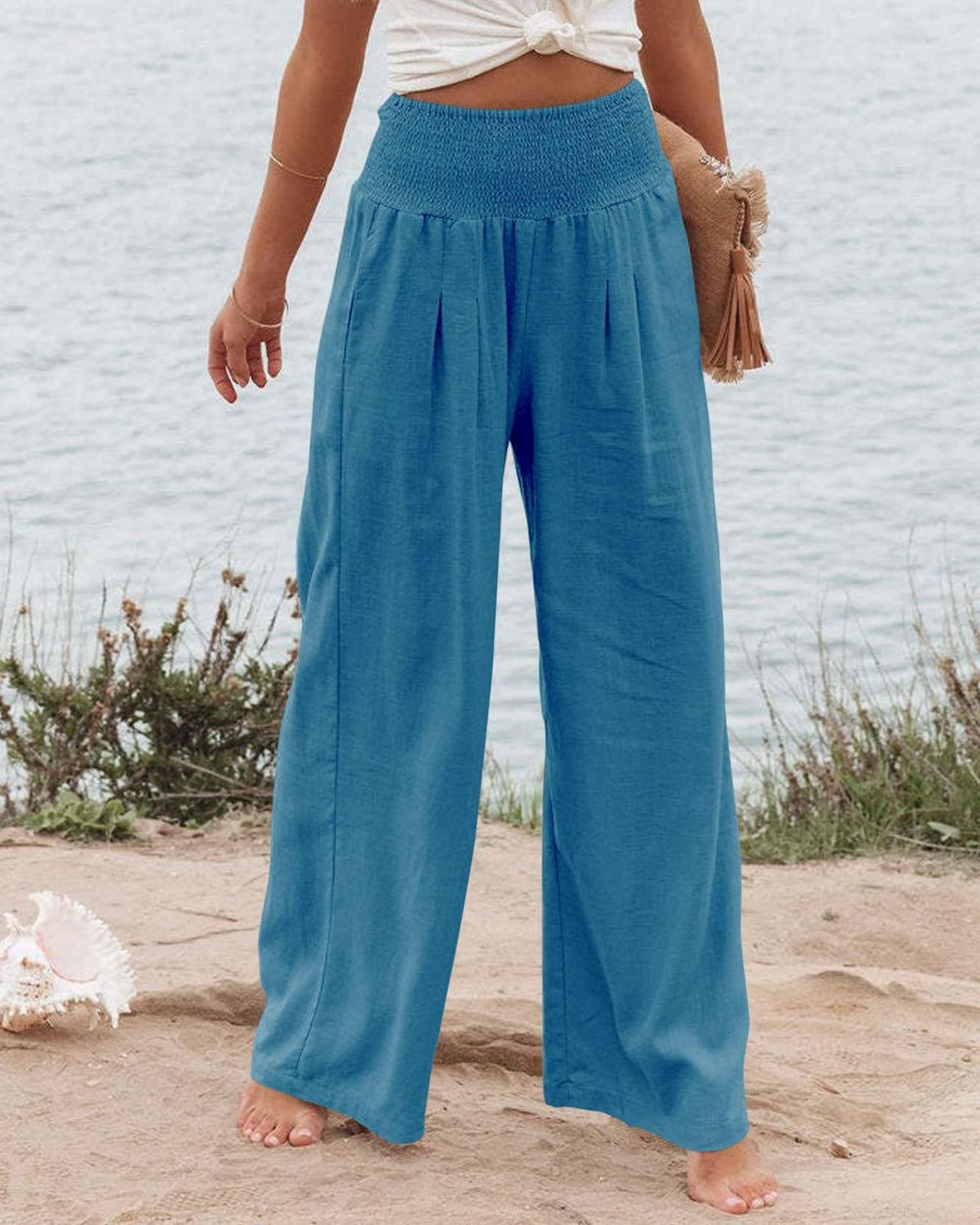 Damen-Leinenhose mit weitem Bein, elastischem Bund und Bundfalten, Größe